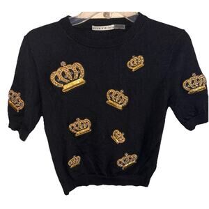 Alice + Olivia Black Sweater with Gold Crown Accents. It runs small